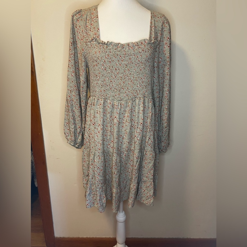 Rue+ Women’s Plus Babydoll Ruched Long Puff Sleeve Tiered Floral Dress 2X